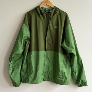 REI Co-op Men’s Hooded Rain Jacket Green Colorblock Full Zip Size XL